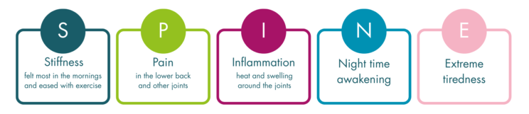 5 boxes, each containing one letter and some information to form an anagram for spine. The first box “S” says “Stiffness felt most in the mornings and eased with exercise”, the second is “P” and says “Pain in the lower back and other joints”, the third is “I” and says “Inflammation, heat and swelling around the joints”, the fourth is “N” which says “Night time awakening”, and the last is “E” which stands for “Extreme tiredness”.