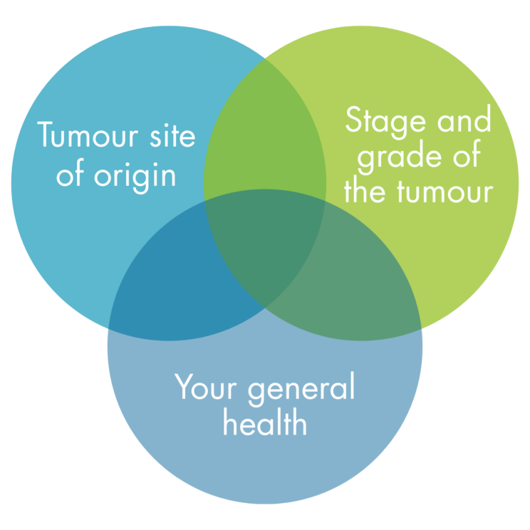 Venn diagram of three circles, labelled ‘tumour site of origin’, ‘stage and grade of the tumour’, ‘your general health