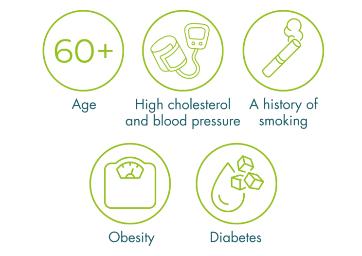 5 circles with line drawings and captions. The first contains the text “ 60+” and is captioned “age”, the second contains a blood pressure band and the caption “high cholesterol and blood pressure”, the third contains a cigarette and the caption “a history of smoking”, the fourth has a weighing scale and “obesity”, and the last has a blood drop with sugar and the caption “diabetes”.