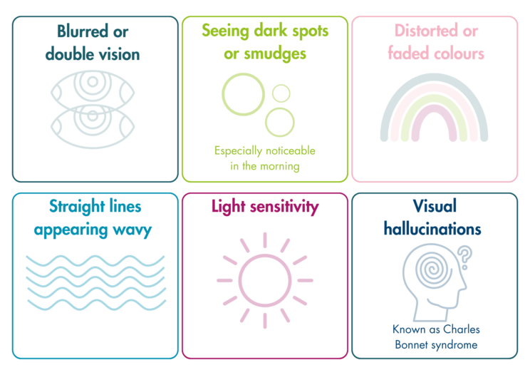 6 boxes. The first contains a line drawing of two eyes and the text “blurred or double vision”, the second has three circles and the text “seeing dark spots or smudges… especially noticeable in the morning”, the third has a drawing of a rainbow and the writing “distorted or faded colours”, the fourth has wavy lines and “straight lines appearing wavy”, the fifth has a line drawing of the sun and the text “light sensitivity” and the last has a line drawing of a head with a spiral inside and a question mark and the text “visual hallucinations… known as Charles Bonnet syndrome”.