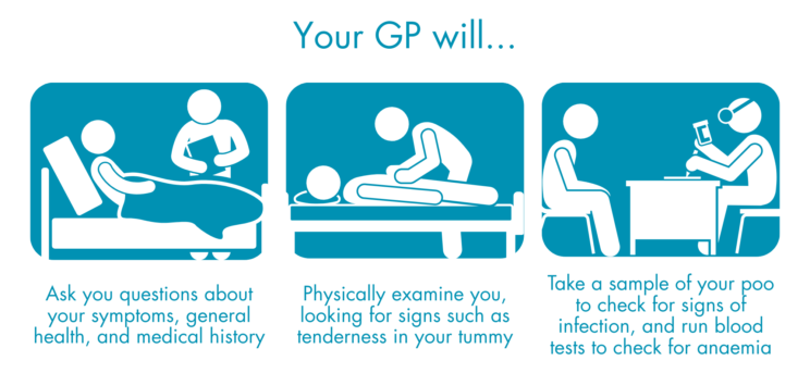 Icons representing the things your GP will do, which are ask you questions about your symptoms, general health, and medical history, physically examine you, looking for signs such as tenderness in your tummy and take a sample of your poo to check for signs of infection, and run blood tests to check for anaemia.