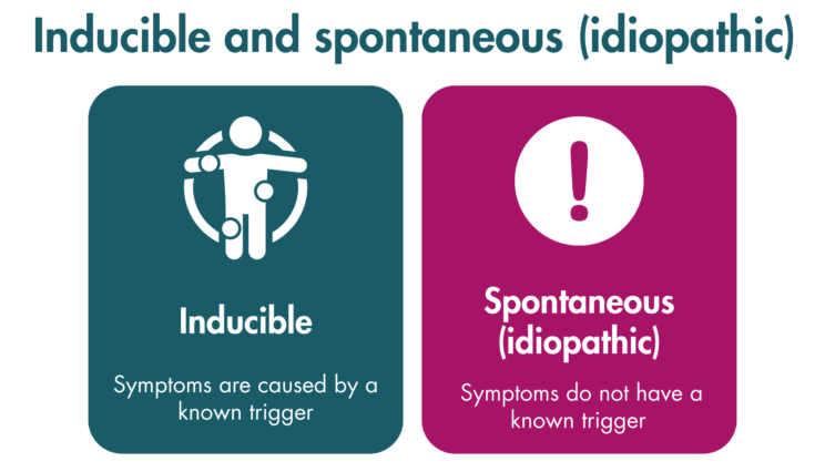 A graphic showing the definitions of “Inducible and spontaneous (idiopathic)”. Inducible - “Symptoms are caused by a known trigger.” Spontaneous (idiopathic) - “Symptoms do not have a known trigger.