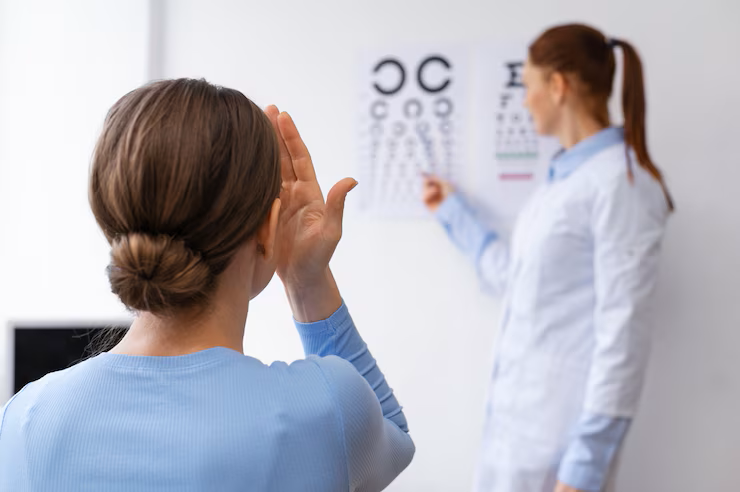 Photo of person in white coat stood pointing at Snellen chart and another person from behind with one eye covered, reading the chart.