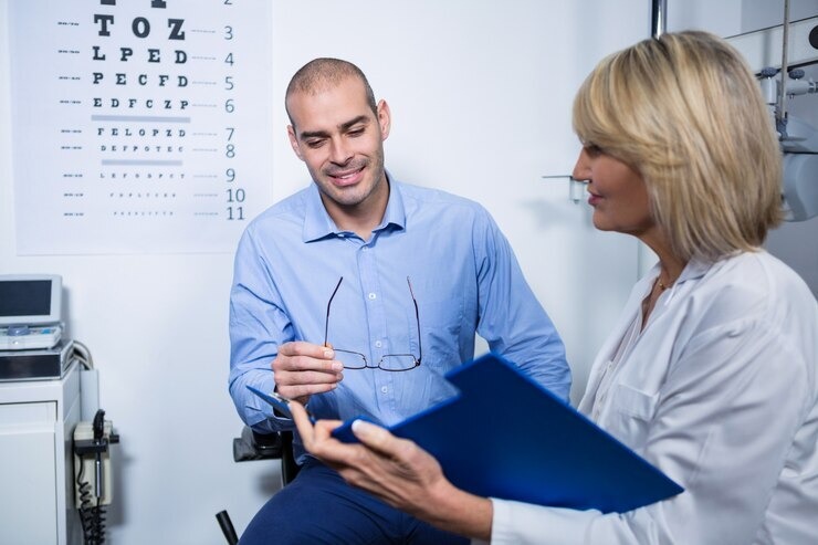 Photo of a person holding their glasses, sat in a chair at the opticians. They are speaking to an optician who has an open folder and is explaining something.