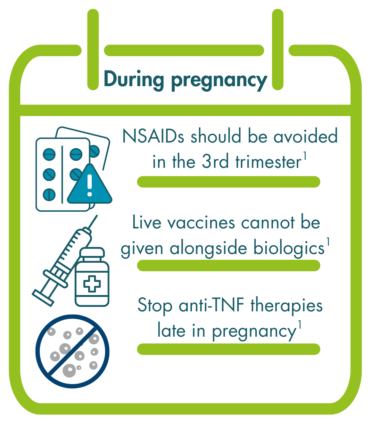 Infographic titled "During pregnancy" with icons and three medical safety tips:

NSAIDs should be avoided in the 3rd trimester (illustrated with a pack of pills and warning symbol).

Live vaccines cannot be given alongside biologics (shown with a syringe and vaccine vial).

Stop anti-TNF therapies late in pregnancy (represented by a graphic of bacteria or cells in a petri dish).