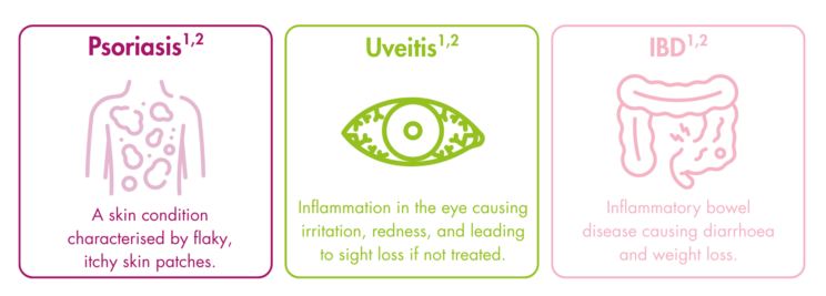 3 boxes with line drawings and text. The first box is titled “Psoriasis (references 1, 2) and contains a chest with patches on and the text “A skin condition characterised by flaky, itchy skin patches.”, the second is titled “Uveitis (references 1, 2)” and contains an eye with blood vessels and the text “Inflammation in the eye causing irritation, redness, and leads to sight loss if not treated.”, and the last is titled “IBD (references 1,2)” and contains a gut with a swollen section that has lines radiating from it and the text “Inflammatory bowel disease causing diarrhoea and weight loss.”